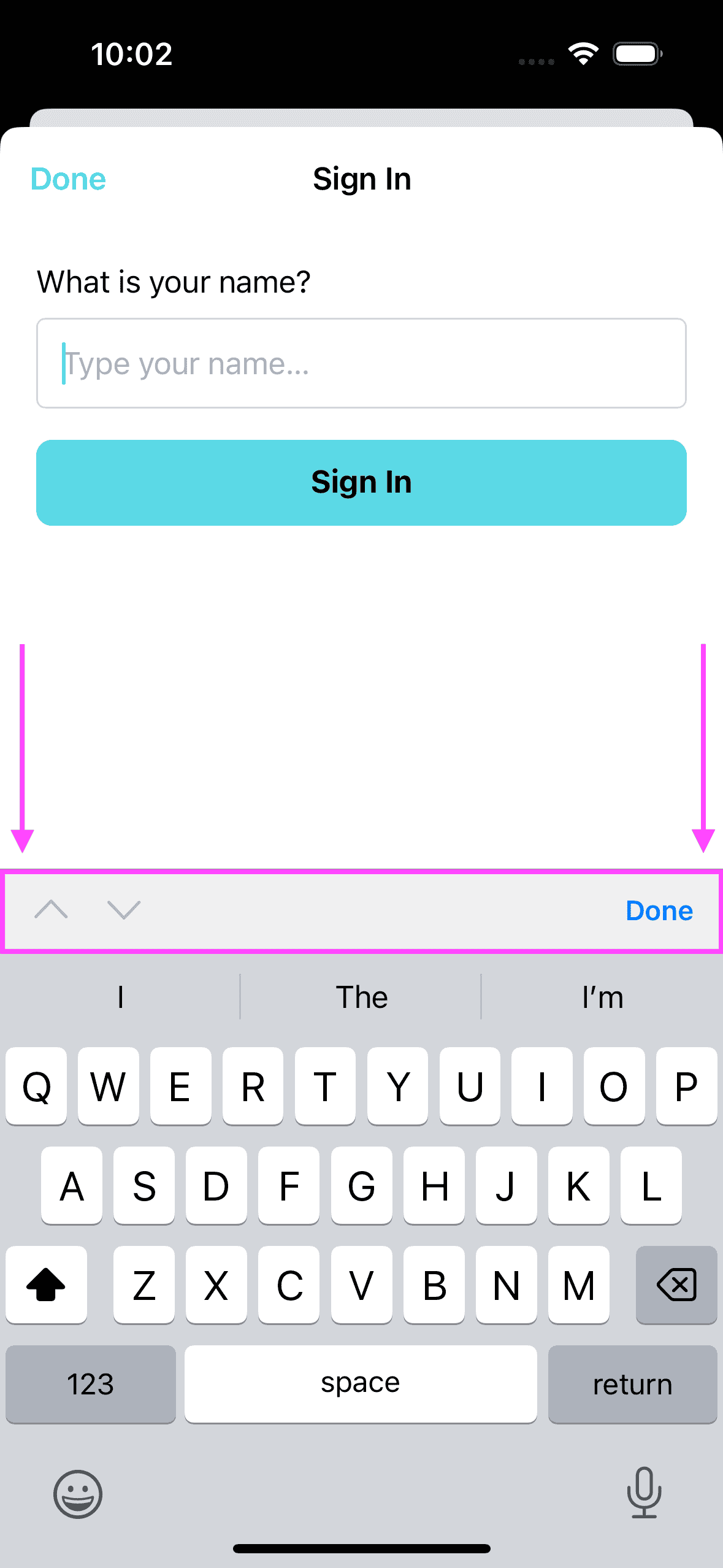 Screenshot showing the default iOS keyboard toolbar